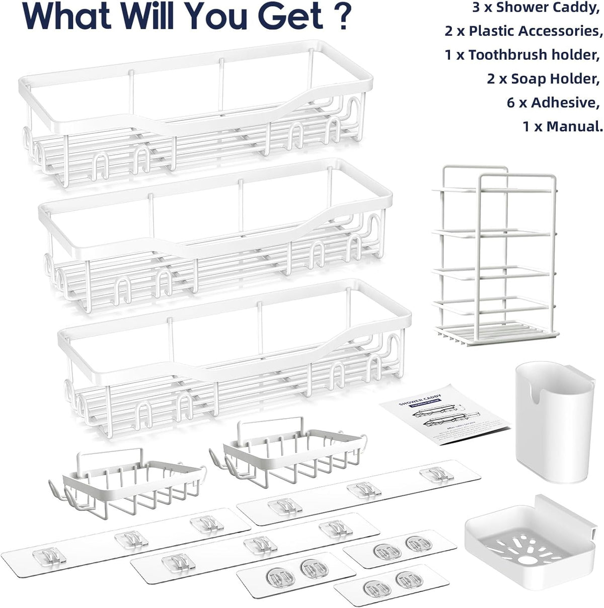 NESOMI 7-Pack Shower Caddy Adhesive,Stainless Steel Shower Organizer Shelf | Rustproof, with Soap Dish Toothbrush Holder, Large Capacity, No-Drill Rack Bathroom Storage Accessories, 24 Hooks, Home Decor