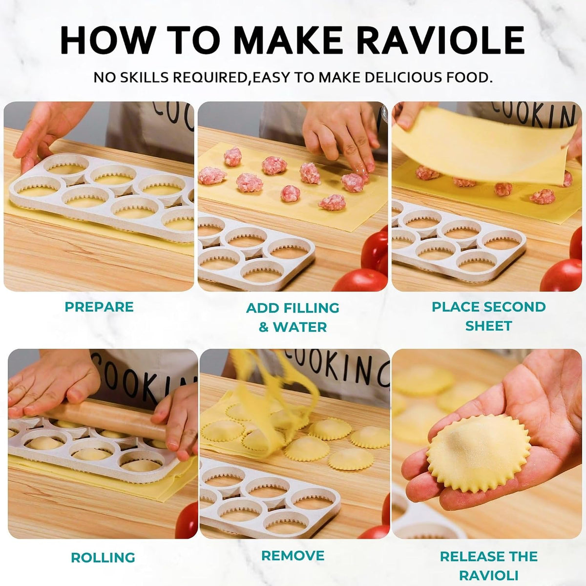 Ravioli Maker Press, Ravioli Cutter, 8-Cavity Square Mold, Empanada Press | 8-cavity 1.85-inch square ravioli mold makes 8 at once; includes 2.6-inch empanada press, cutter wheel, rolling pin and brush