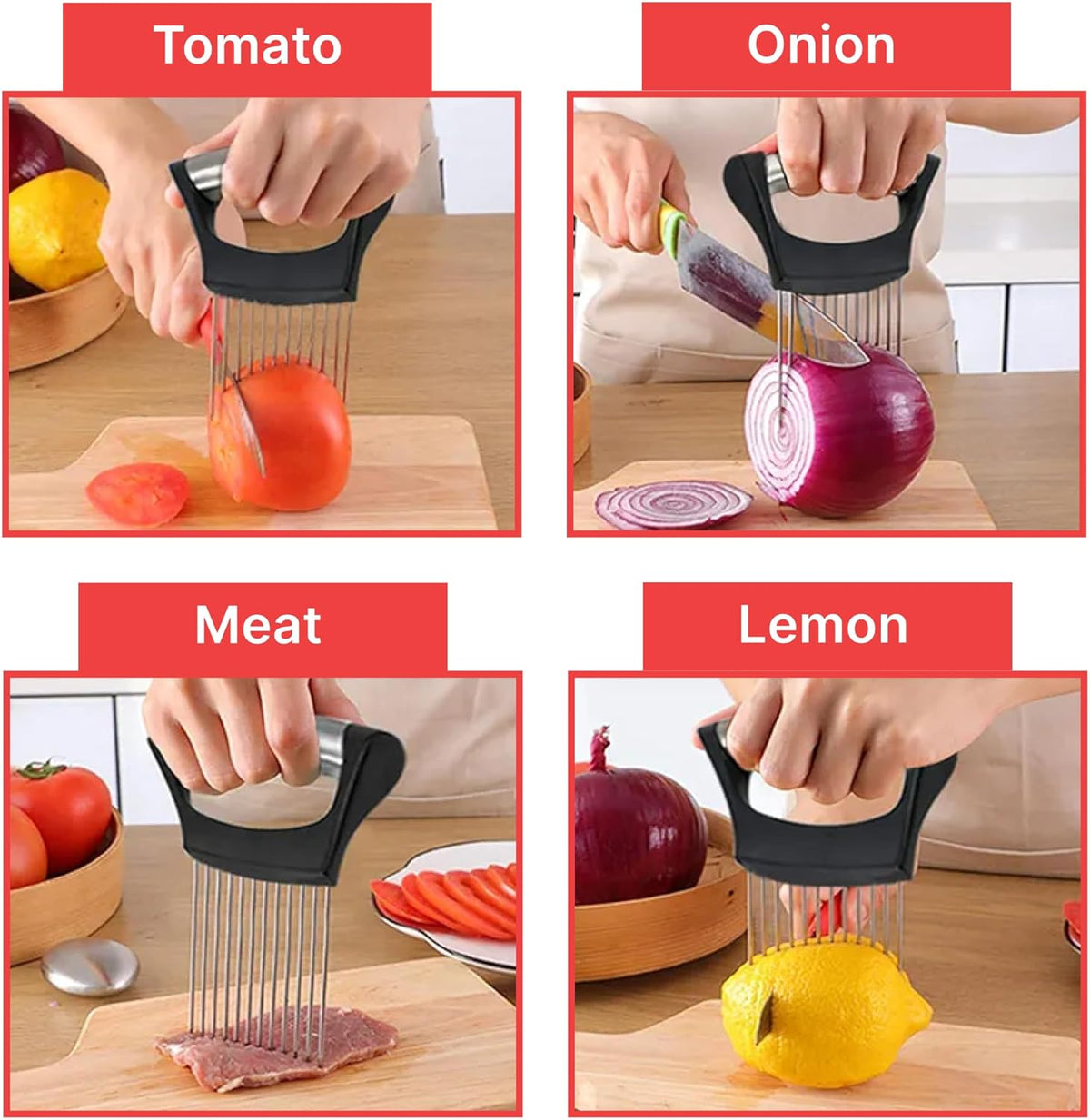 Onion Holder For Slicing, Stainless Steel Onion Cutter, Vegtable And Fruit Slicer, Onion Slicing Tool Of Potato, Egg, Avocado, Meat, Lemon And Other Kitchen Utensils