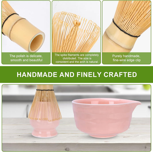 Matcha Set, Japanese Matcha Whisk Set Includes Matcha Bowl with Spout, Matcha Whisk Holder, Bamboo Matcha Whisk and 2pcs Bamboo Scoop, 5 Pcs Matcha Kit for Matcha Lover (Pink)