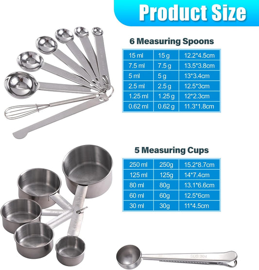 Unichild 14 Piece Stainless Steel Measuring Cups and Spoons Set | 5 Nesting Measuring Cups & 6 Measuring Spoons, 1 Coffee Scoop & 1 Leveler & 1 Mini Blender for Cooking Baking