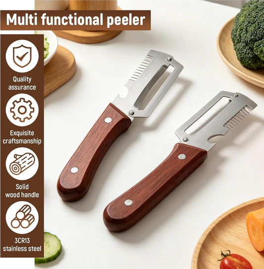 2PCS Premium Vegetable Peeler with Wooden Handle and Bottle Opener - Multifunctional Vegetable Peeler for Kitchen, Kitchen Gadgets Tool for Fruit Pumpkin Peeling Potato Carrot Veggie Peeler
