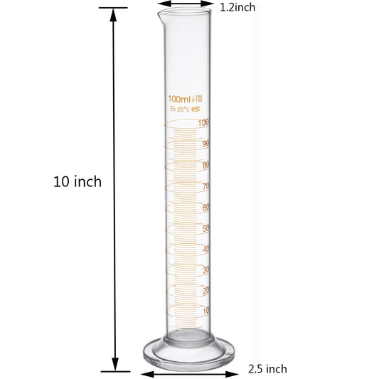 2 Pack 100 mL Glass Graduated Cylinder Measuring with Cleaning Brush | Single Metric Scale, Heavy-Duty Round Stems, Orange Graduations, Wide Rims, Tapered Pour Spouts, Dishwasher-Safe