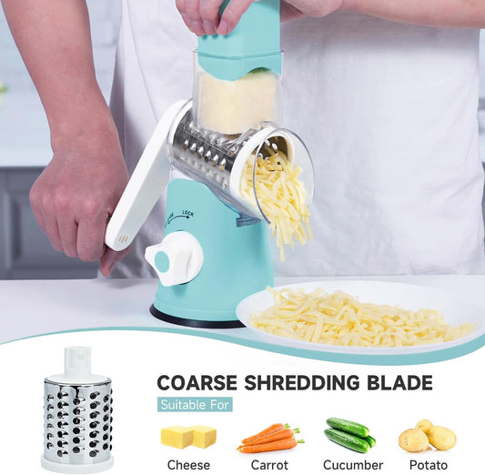 Rotary Cheese Grater Hand Crank with 3 Interchangeable Blades | Cheese Shredder with Strong Suction Base, 3 Blades for Shredding, Slicing & Chopping Veggies & Nuts, Dishwasher Safe, Blue