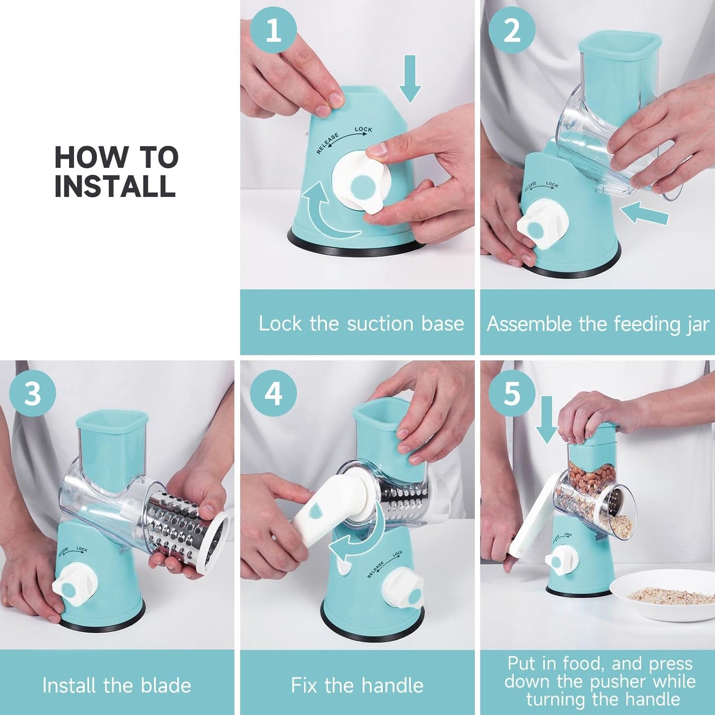 Rotary Cheese Grater Hand Crank with 3 Interchangeable Blades | Cheese Shredder with Strong Suction Base, 3 Blades for Shredding, Slicing & Chopping Veggies & Nuts, Dishwasher Safe, Blue
