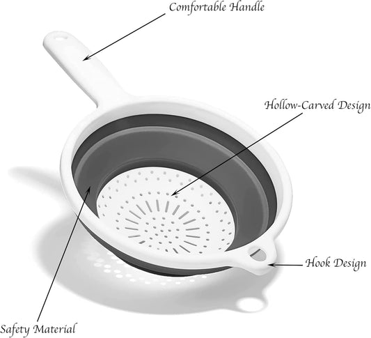 Collapsible Kitchen Strainer with Handle - Silicone Colander - Collapsible Colander and Strainer to Rinse your Pasta, Salad Leaves, Fruits, & Vegetables - Heavy Duty Foldable Heat Resistant