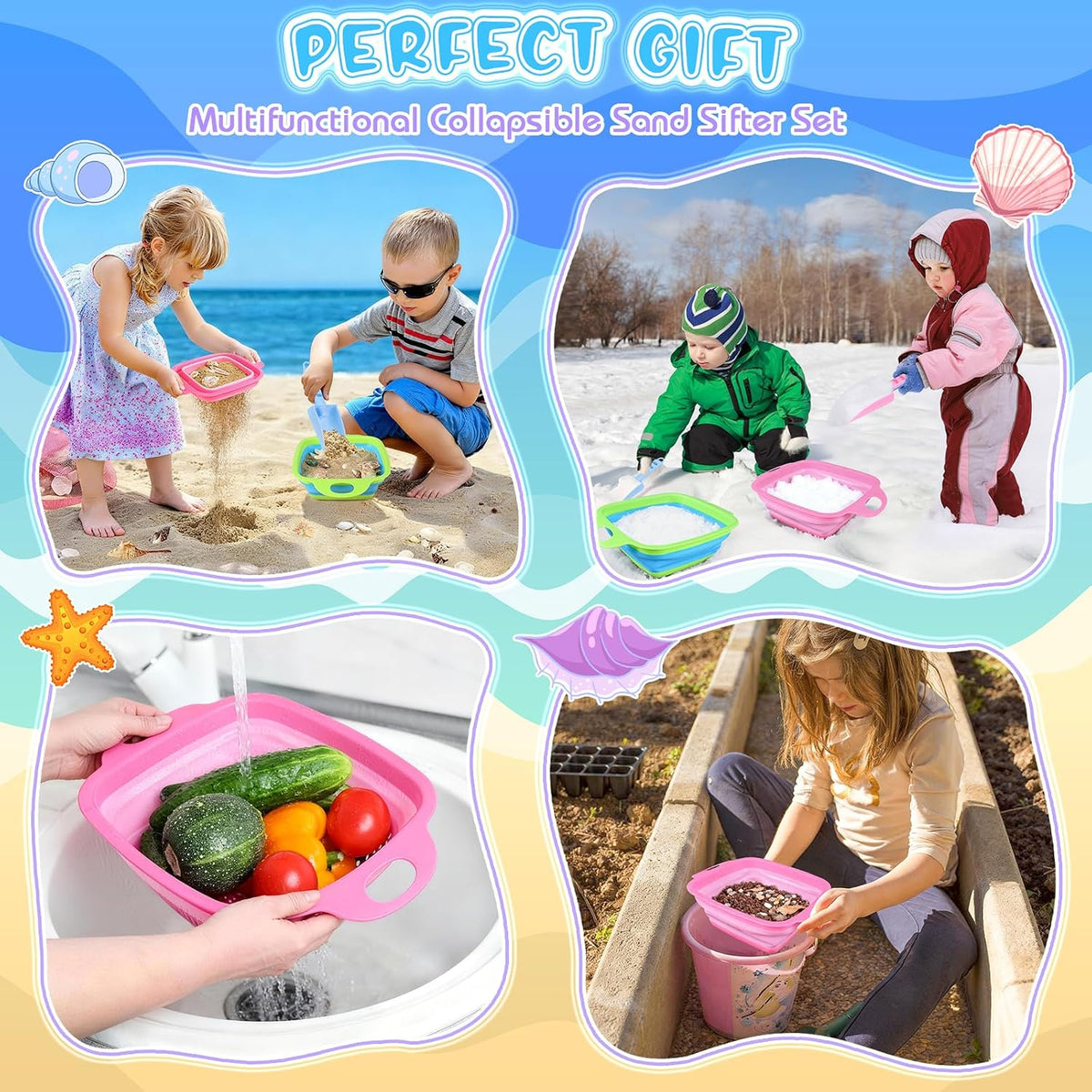Beachcombing Kit, 2 Collapsible Sand Sifters for Kids Ages 3-12