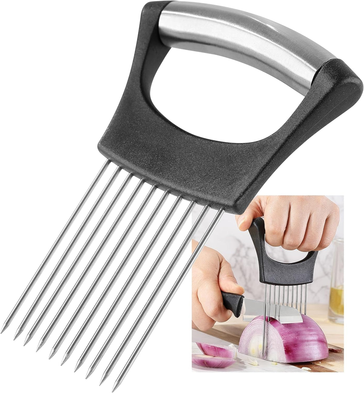 Onion Slicer, Stainless Steel Onion Cutter for Slicing and Storage Onions, Tomato, Eggs and Vegetables, Protective Cover Included, Dishwasher Safe (Black)