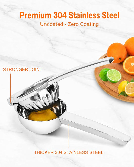 Lemon Squeezer, Uncoated Stainless Steel Manual Juicer for Lime | Heavy-duty 304 solid metal, high yield press, ergonomic handle