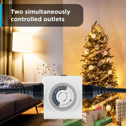 24‑Hour Plug-in Mechanical Timer Outlet, 2 Grounded Outlets, 2 Pack | Plug-in Control for Indoor Lighting, Lamps, Christmas Trees, Manual Override Switch, 30-Minute Intervals