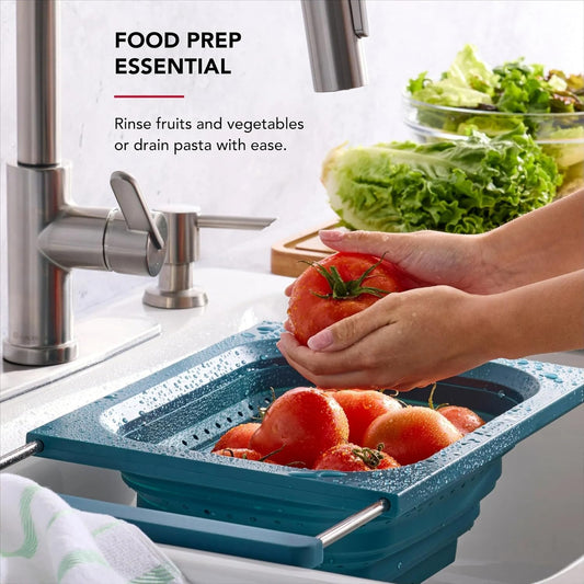 Collapsible Over the Sink Colander and Strainer for Kitchen, Agave, Expandable Handles, Dishwasher Safe, Non-Slip, Space-Saving Design