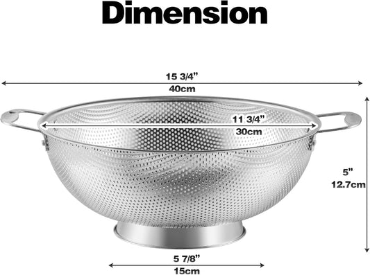 Large 6-Qt Colander, 18/8 Stainless Steel Mesh Strainer for Kitchen, Food Sieve with Riveted Handles and Self-draining Solid Ring Base, Great for Pasta, Rice, Vegetables and Fruits