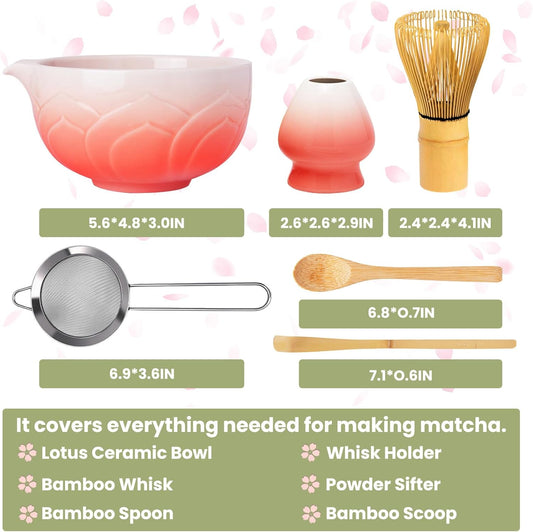 Matcha Whisk Set, Lotus Gradient Red Ceramic Matcha Set Includes Matcha Bowl, Matcha Whisk (Chasen) and Holder, Sifter, Bamboo Scoop & Spoon - 6 Pcs Matcha Kit for Matcha Lovers