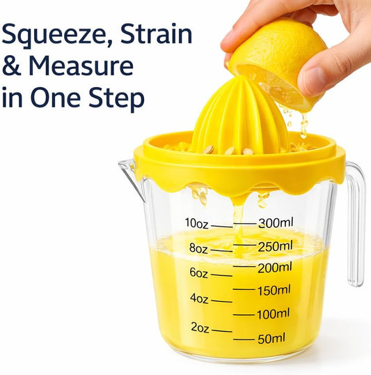 Manual Citrus Juicer with 10oz 300ml Measuring Cup, Lemon Lime Orange Reamer with Built-In Strainer, BPA Free Hand Squeezer with Pour Spout & Handle
