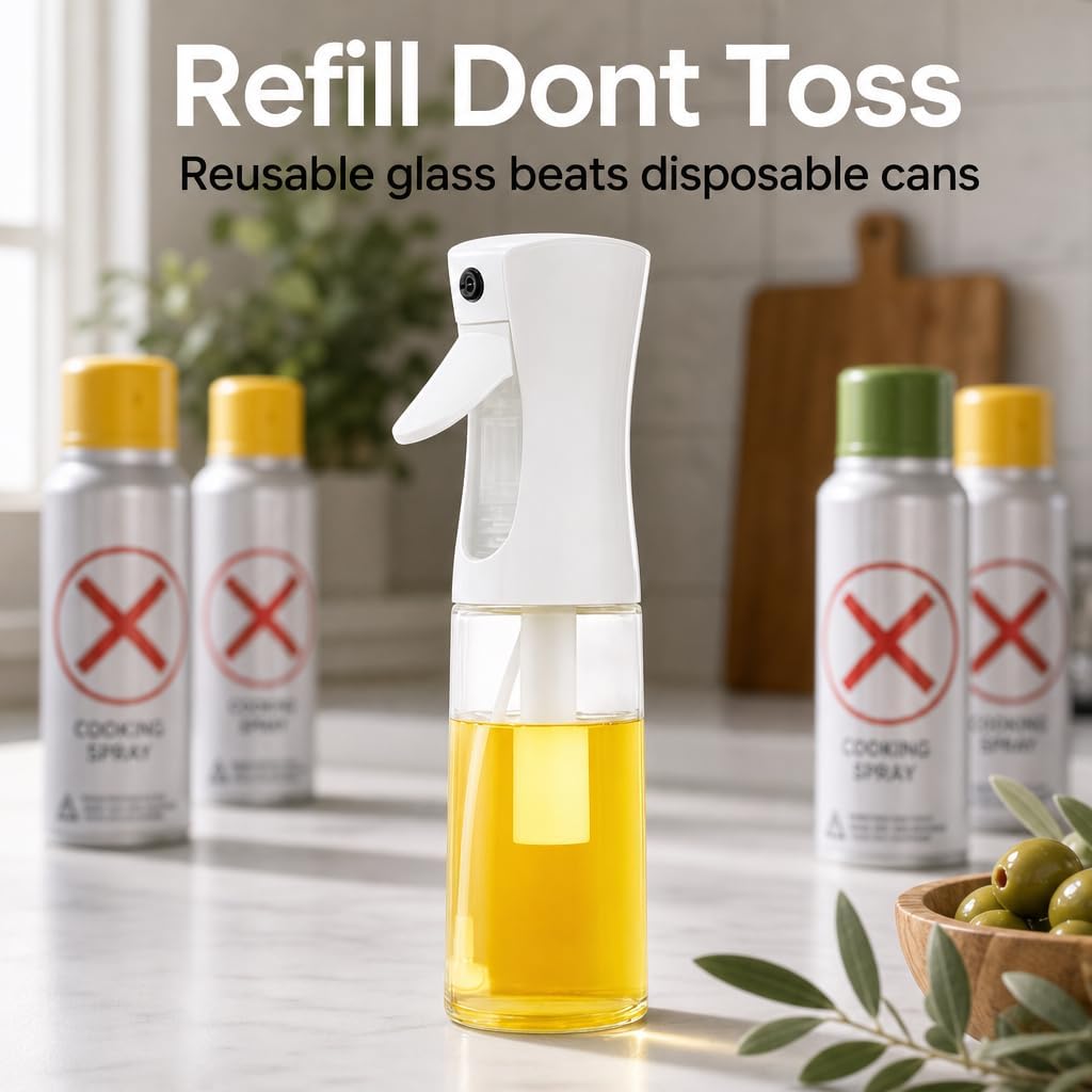Glass Olive Oil Sprayer for Cooking - Fine Mist for Air Fryer | Refillable Oil Mister & Dispenser - Designed for Even Coverage, Less Mess, Roasting, Grilling & Baking - 6.7 fl oz (200 mL)