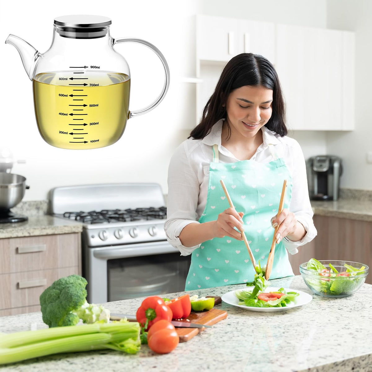 900ML/30Oz Large Glass Cooking Oil Bottle with Stainless Steel Lid, Oil & Vinegar Dispenser Bottle, Kitchen No Drip Liquid Container