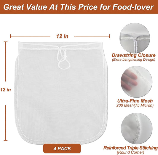 4 Pcs 12"x12" Nut Milk Bag, Strong Durable, Premium Ultra-Fine 200 Mesh Nylon CheeseCloth Bags for Straining, Reusable All Purpose Nut Bag Strainer for making Almond & Nut Milks, Cold Brew, Juicing