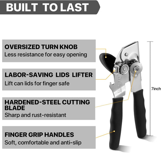 Heavy Duty Hand Can Opener with Comfortable Grip for Seniors, Black | Manual Can Opener, Hardened Steel Blade, Rubber-Coated Handle, Oversize Knob, Built-in Magnet & Bottle Opener
