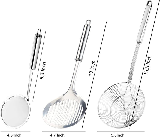 Tenta Solid Stainless Steel Spider Strainer Skimmer Ladle for Cooking and Frying, Kitchen Utensils Wire Strainer Pasta Strainer Spoon Hot Pot Fat Skimmer Spoon Set of 3