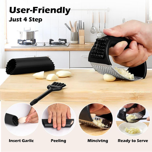 Stainless Steel Garlic Press Rocker Set | Garlic Peeler, Cleaning Brush, Garlic Mincer Tool, Kitchen Gadgets Essentials