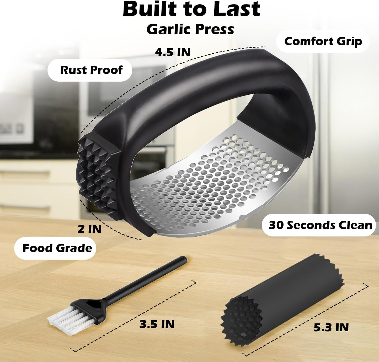 Stainless Steel Garlic Press Rocker Set | Garlic Peeler, Cleaning Brush, Garlic Mincer Tool, Kitchen Gadgets Essentials