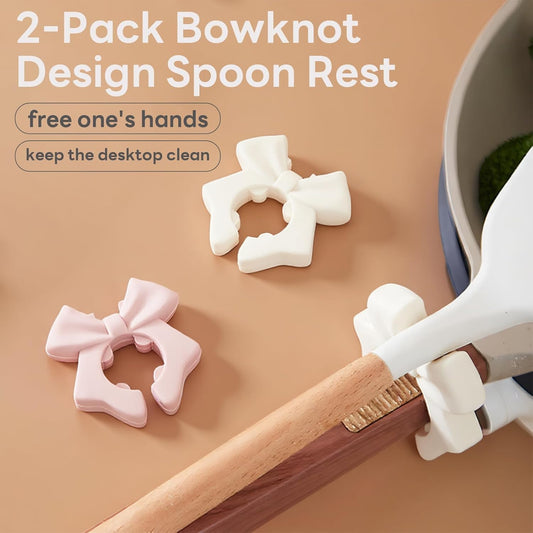 Silicone Spatula Holder, 2-Pack Bowknot Design Spoon Rest, Heat-Tolerant Kitchen Utensil Pot Clips for Holding Spatulas and Spoons, Compatible with 1.38in to 2.17in Pot Handles, Pink and Beige