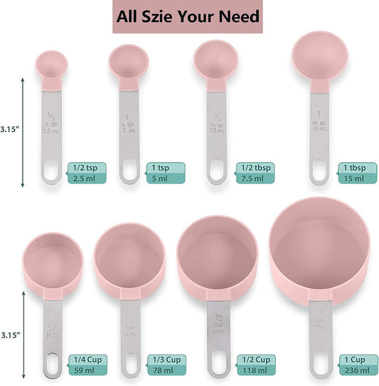 8 Pieces Measuring Cups and Spoons Set / Nesting Measuring Cups with Stainless Steel Handle / for Dry and Liquid Ingredient (Light pink)
