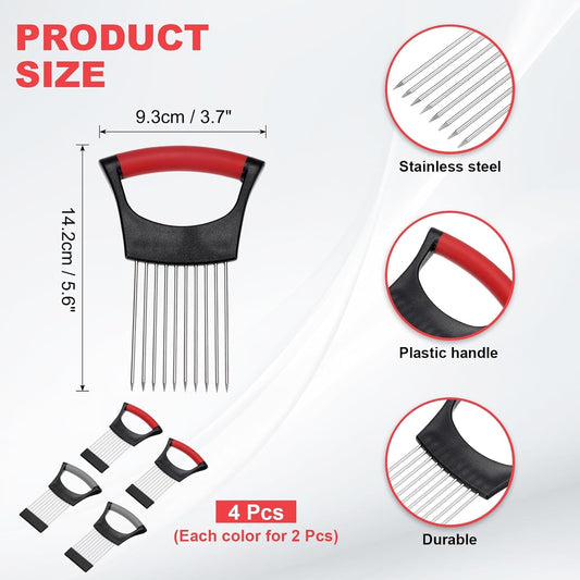 4 Pcs Onion Slicer Holder, Stainless Steel Vegetable Cutting Holder Food Cutter Tool for Slicing Storing Onions Tomatoes Potatoes Avocados Apples, Black Red/Black Grey