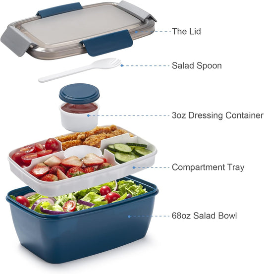 Large Salad Container for Lunch, 2 Packs 68oz Salad Bowls with 5 Compartments, Salad Dressings Container for Salad Toppings, Snacks, Men, Women (Pink+Blue)