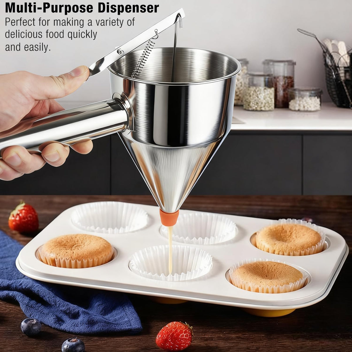 Pancake Batter Dispenser, Large 40oz/1200ml Multi-Caliber Stainless Steel Funnel Cake Dispenser with Stand for Commercial and Use