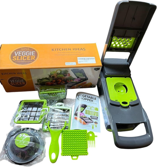 Multifunctional Vegetable Chopper with Container, Manual Food Slicer Dicer, Kitchen Veggie Cutter for Onion Garlic Potato Salad, Stainless Steel Blades, Gray and Green