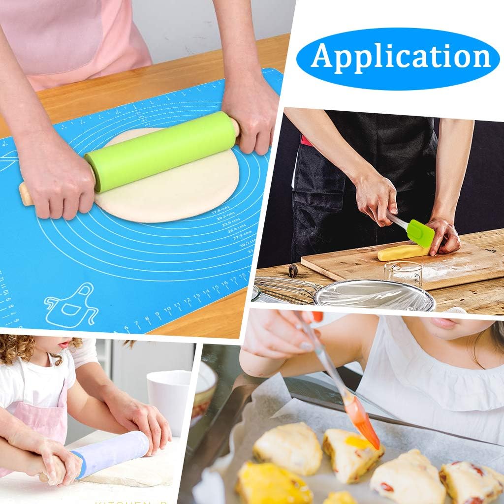 1Set Rolling Pin Pastry Mat Set Non-Stick 6 in 1 Dough Roller Baking Kit with Pastry Cutter Reusable Kneading Mat Scraper Basting Brush