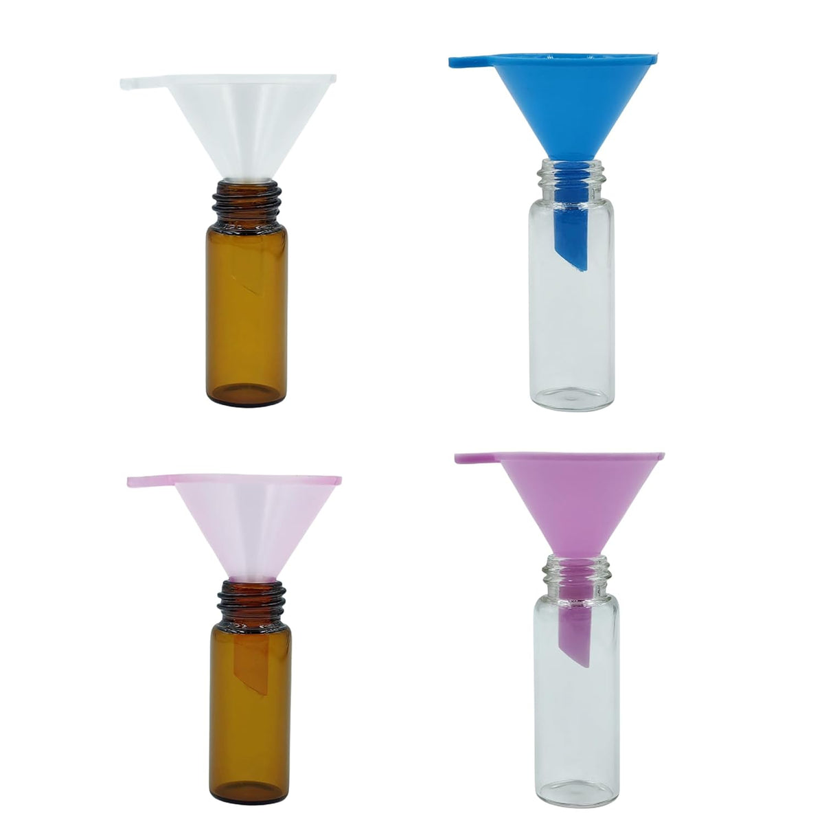 Mini Funnels 8-Pack with Spoon | Small Funnel Set for Filling Tiny Bottles, Essential Oils, Powder, Spices, Glitter | Food-Grade Plastic, Multicolor (Pink, Blue, Clear) for Crafts & Perfume