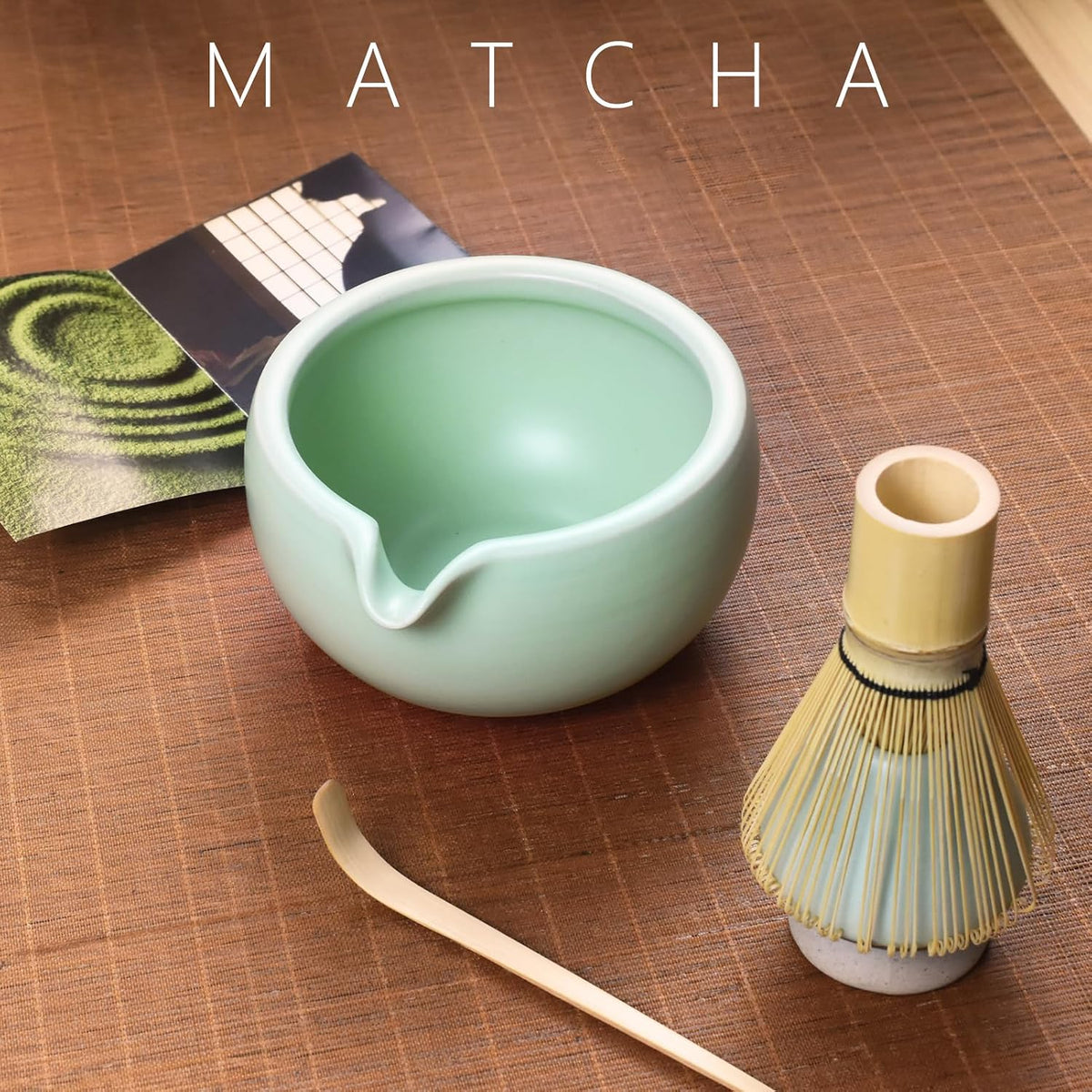 4 Pcs Complete Matcha Ceremony Kit - Japanese Bowl With Pouring Spout, Whisk, Holder, Scoop - Tea Set for Making Usucha, Koicha and Latte (Green)