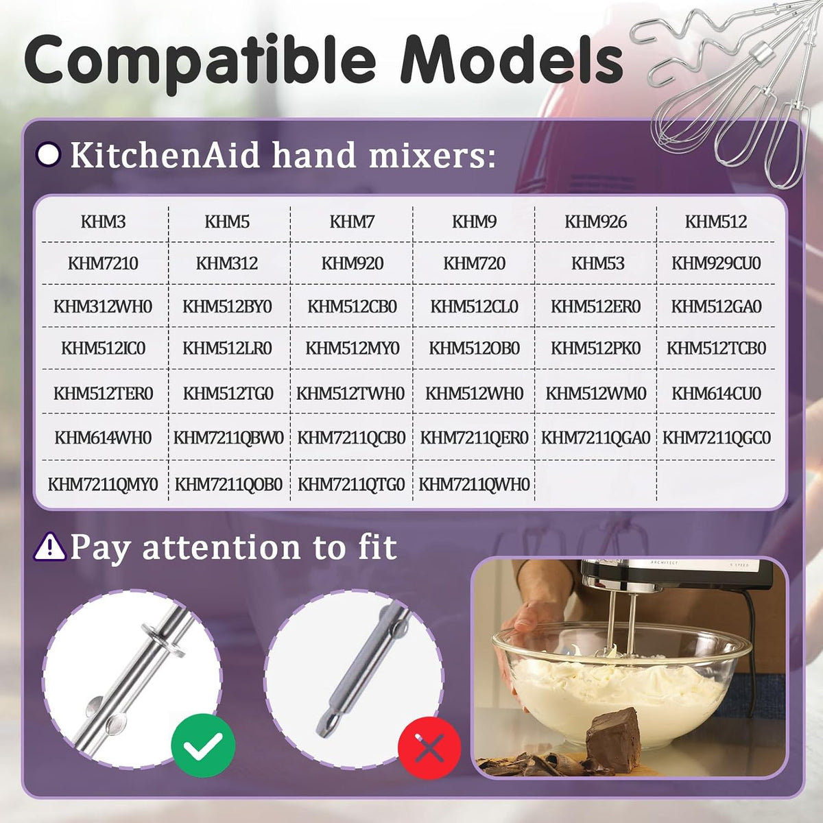 5 PCS Hand Mixer Attachments, Professional Hand Mixer Replacement Beaters, Whisk and Dough Hooks, Replacement Beaters Hand Mixer Compatible with KHM3 KHM5 KHM7 KHM9
