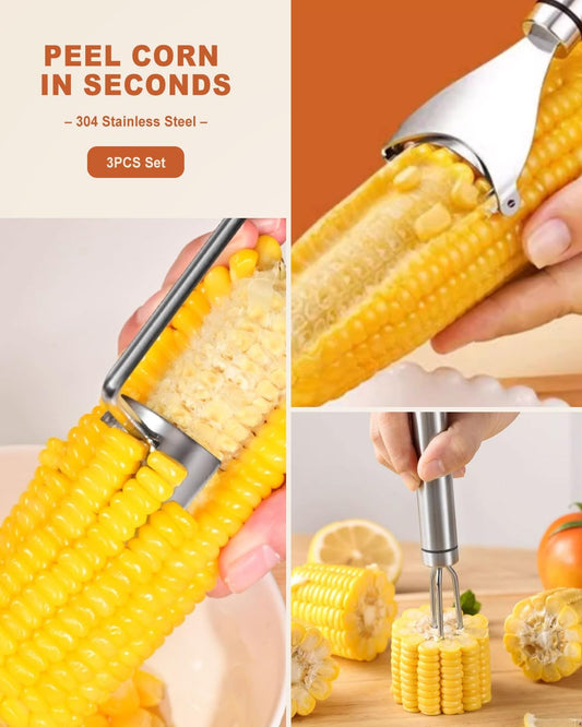 3PCS Corn Peeler Set – Stainless Steel Corn Stripper Tool with Cutter, Planer & Holder – Quickly Remove Kernels from Corn on the Cob – Dishwasher Safe, Easy Grip Handle, for Home & BBQ