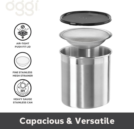 Stainless Steel Jumbo Grease Container with Removable Strainer and Snug Lid. Perfect container for fryer oil, bacon drippings, lard and ghee oil. Large capacity can - 1 Gall / 4 Qt / 3.75 Lt