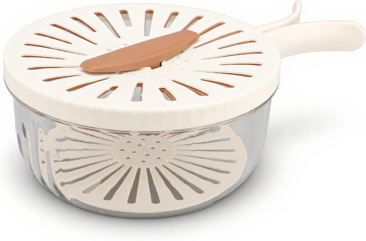 Fruit Vegetable Washing Bowl with Strainer, Foldable Handle Double Layer Basket, Drain Cleaning Colander for Fresh Produce, Kitchen Essentials Brown