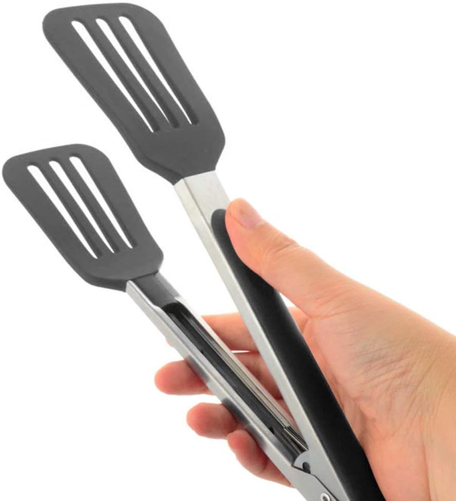 Cooking Tongs 9" and 12" Stainless Steel Kitchen Silicone Serving Tongs | Heat Resistant Meat Turner Spatula Tong Fish Tongs for Grilling Steak Salad Pasta Buffet Serving (Black)