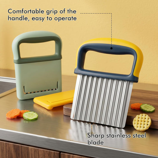 2 Pack Colorful Crinkle Cutter Set with Blade Cover | French Fry Cutter for Potatoes, Premium Stainless Steel Potato Slicer, Safe Wavy Veggie Slicer, Space-Saving Crinkle Knife