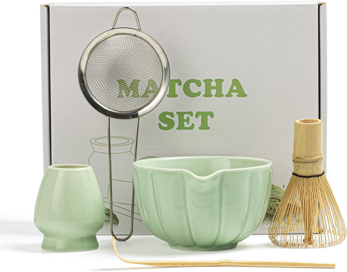 Matcha Whisk Set, Matcha Set Includes Ceramic Matcha Bowl, Bamboo Whisk, Scoop, Chasen Holder, Sifter, 5 Pcs Perfect Matcha Kit for Matcha Lover (Pearl White)