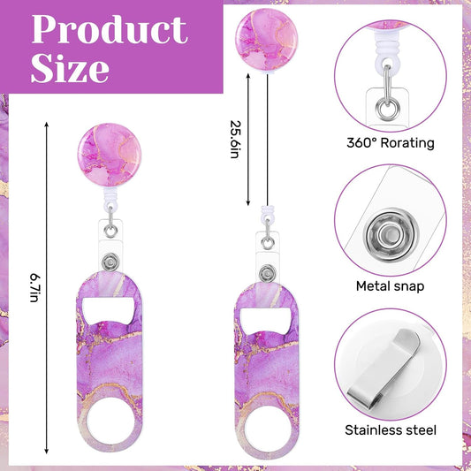 6 Pcs Flat Bottle Openers Retractable Bar Keys for Bartenders Stainless Steel Beer Bottle Opener with Belt Clip and Round Badge Reel Bartender Gifts for Women Men(Marble Style)