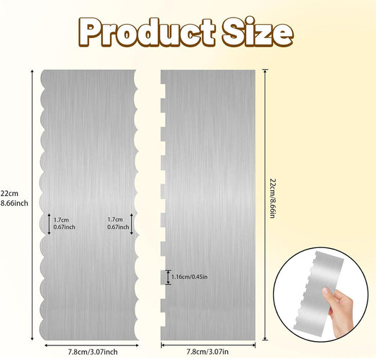 2 Pieces 8.7 Inche Stainless Steel Cake Scraper Double Sided Patterned Edge Stripe Edge Smoother Frosting Scraper Cake Decorating Cake Decorating Comb Cake Scraper For Butter Cream Mousse(2, 2)