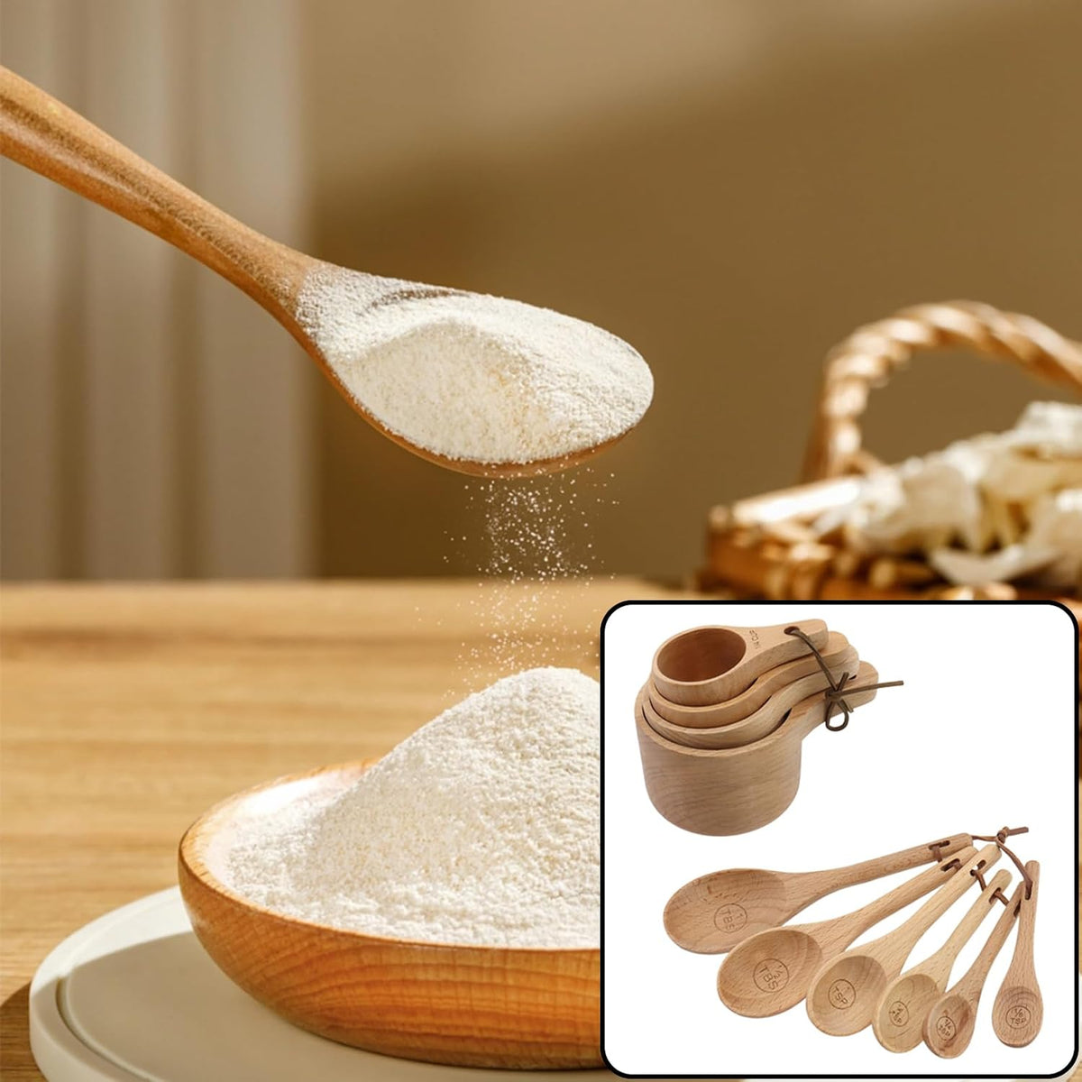 10pcs Wood Measuring Cups and Spoons Set, Kitchen Utensils, 10 Size
