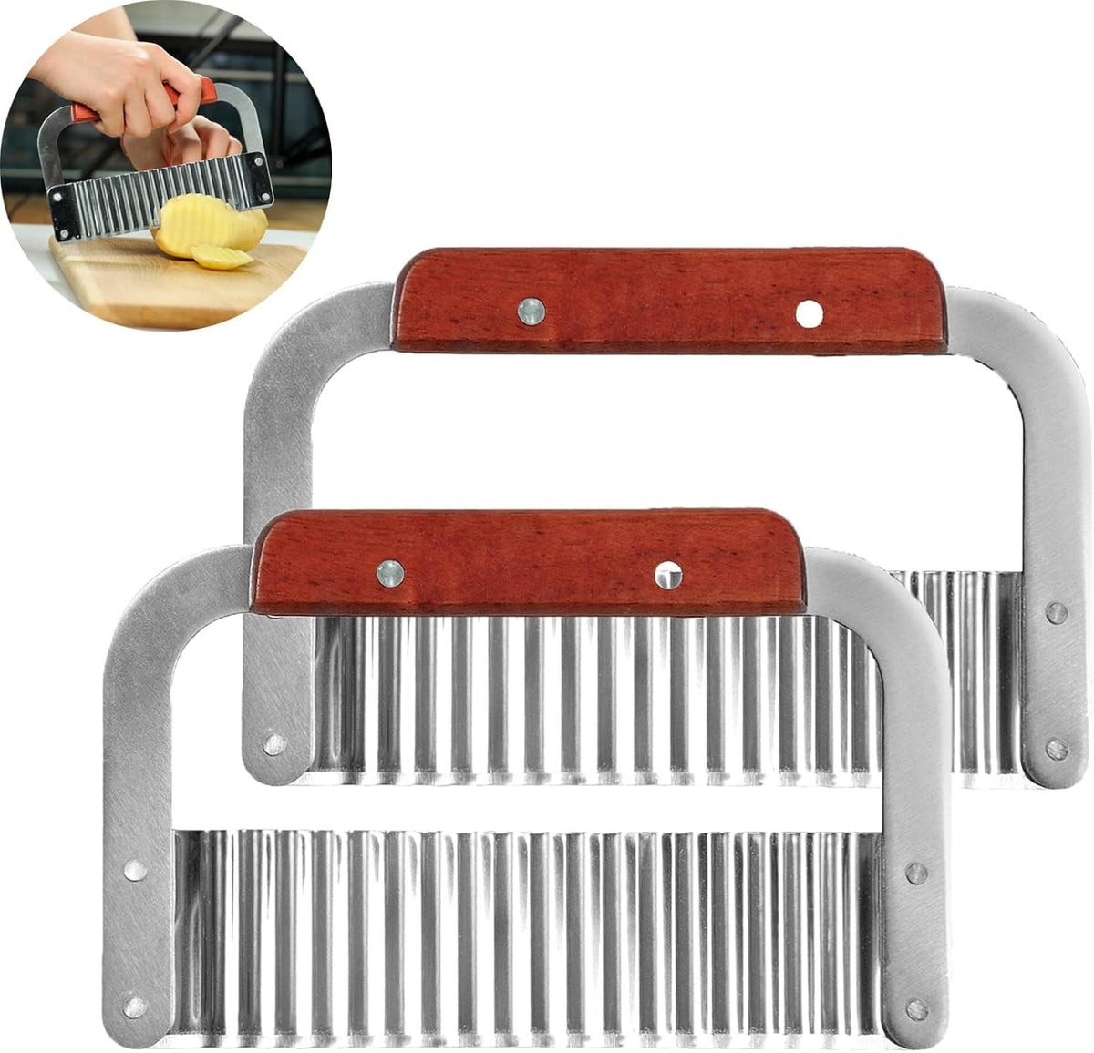 2 Pack Crinkle Cutter for Veggies - Stainless Steel Wavy Potato Chopper Knife w/Wooden Handle - Crinkle Sweet Potato French Fries Slicer Cut Tool for Chopping Carrots, Cucumber, Soap Cutting