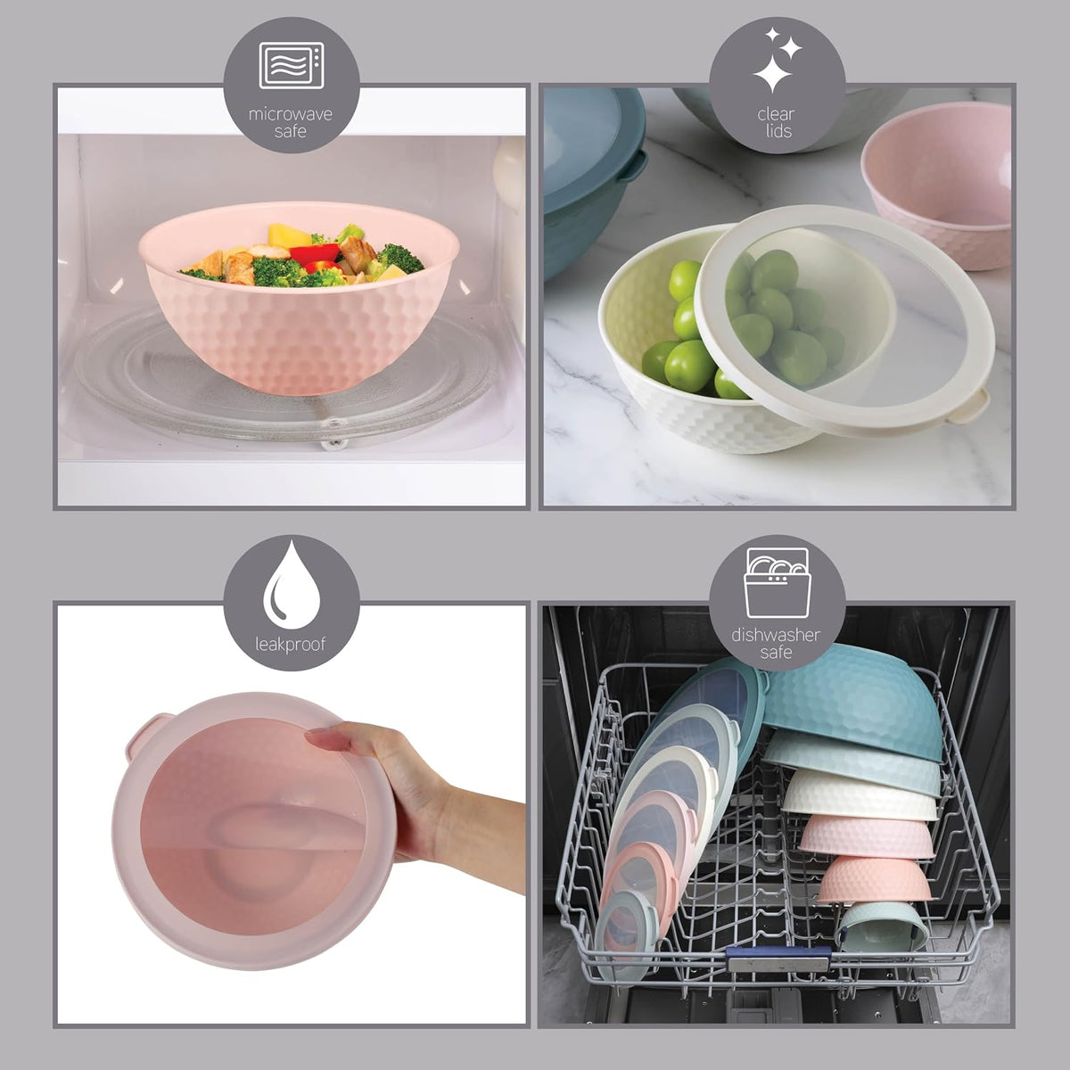Mixing Bowls with Lids - 12 Piece Plastic Nesting Bowls Set includes 6 Prep Bowls and 6 Lids, Microwave Safe Mixing Bowl Set, Sage Embossed - Colors A