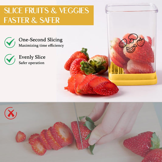 Stainless Steel Strawberry & Banana Slicer, Egg Slicer, Speed Fruit Cutter with Push Plate, Quickly Making Salad, Must Have Yellow Kitchen Gadget