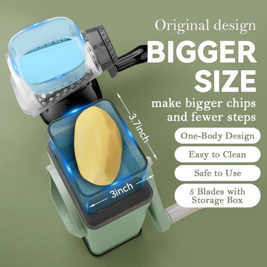 Rotary Cheese Grater 5 in 1 Green - Hand Crank Vegetable Cutter, Shredder, Slicer, Enlarge Input, Suction Base, Labor-Saving Handle, Blade Storage Box, for Onion, Potato, Vegetable, Nuts, etc