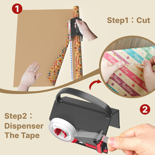 (2-Pack) Wrapping Paper Cutter & Tape Dispenser Dual Use with 4 Tapes,2 Replace Blades Kit for Christmas Gift Wrap Cutter Tool Paper Roll Holder Tube Sliding Slicing for Birthday Holiday.