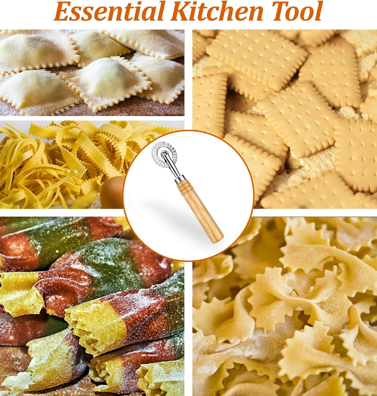 Fluted Pastry Cutter, 6.3 Inch Stainless Steel Fluted Pastry Wheel with Ergonomic Oak Wooden Handle for Ravioli, Pasta, Dumpling, Noodles, Kitchen 360 Degree Effortless Food Cutting